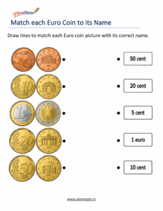 Match Euro coins with values worksheet