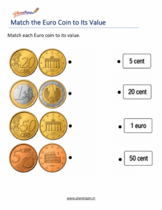 Identify Euro coins cents and euro worksheet