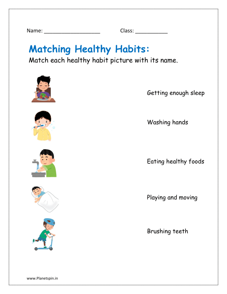 Match each healthy habit picture with its name
