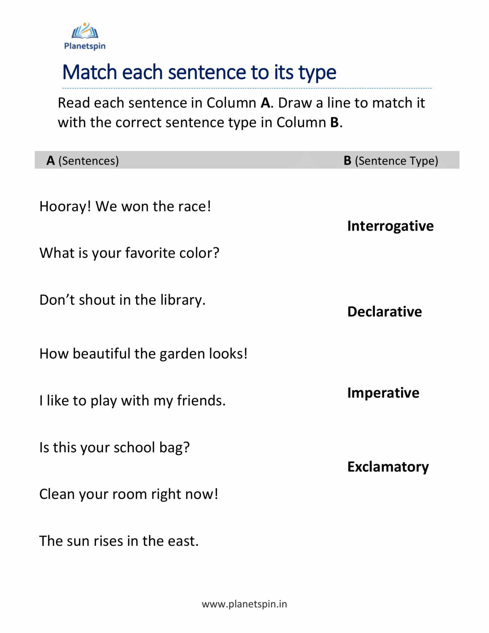 Types of sentences worksheet for grade 2 | Planetspin.in