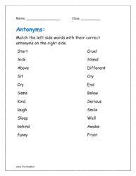 Match the words on the left side with the correct antonyms on the right side