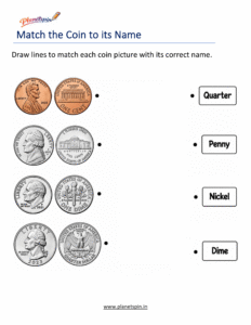 Match US coins with names worksheet