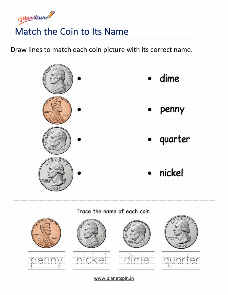 Identify coins pennies, nickels, dimes, and quarters worksheet