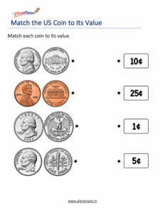 Match US coins with values worksheet for grade 1