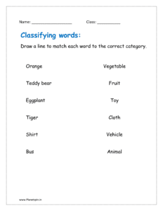 Draw a line to match each word to the correct category in the given classifying words worksheets for grade 1