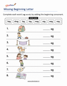 Missing Beginning Letters -AG Word Family Activity