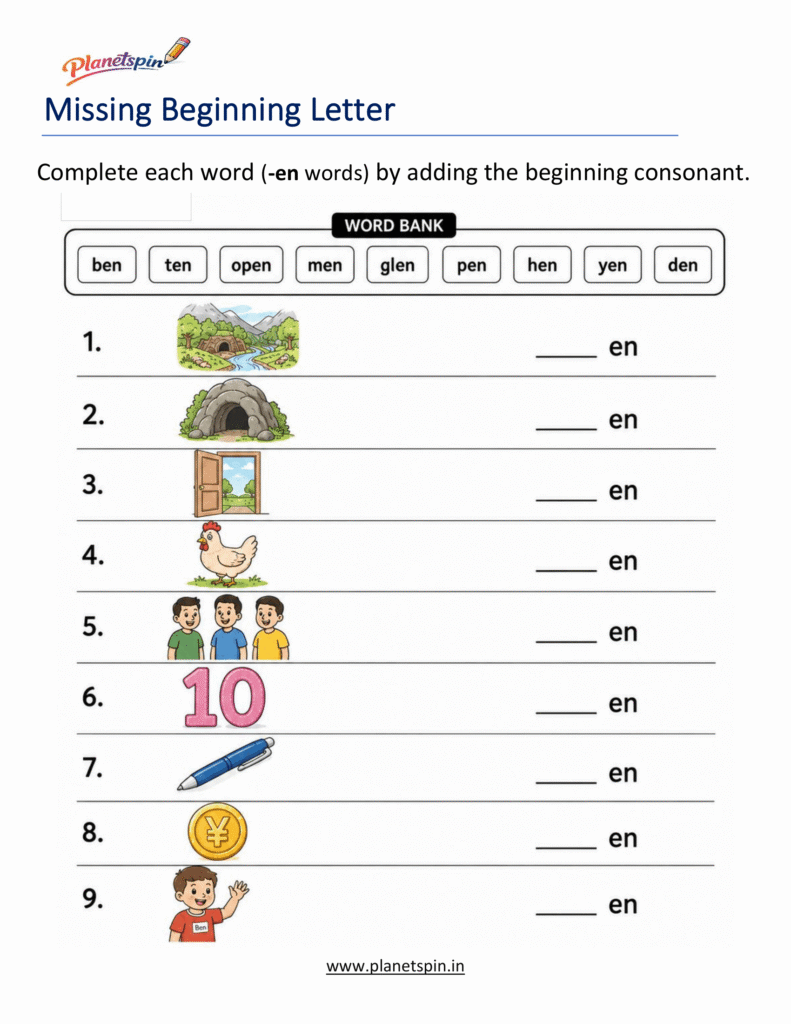Missing Beginning Letters -EN Word Family Activity