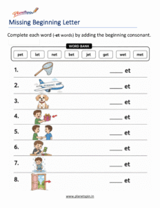 Missing Beginning Letters -ET Word Family Activity