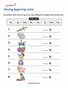 Missing Beginning Letters -IG Word Family Activity