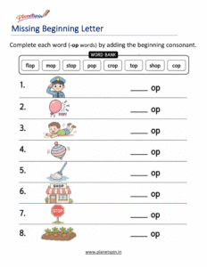 Missing Beginning Letters -OP Word Family Activity