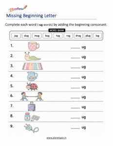 Missing Beginning Letters -UG Word Family Activity