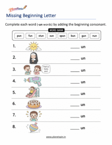 Missing Beginning Letters -UN Word Family Activity