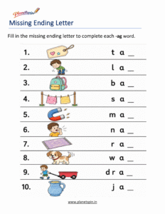 Missing ending Letters -AG Word Family Activity