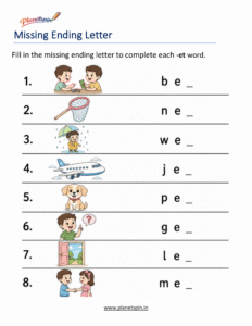 Missing ending Letters -ET Word Family Activity