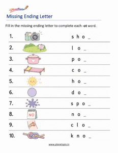 Missing ending Letters -OT Word Family Activity