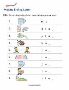 Missing ending Letters -UG Word Family Activity