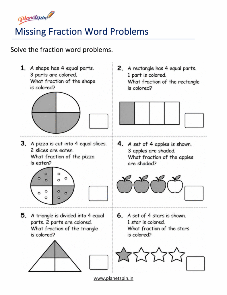 Fraction word problems worksheet for Grade 1
