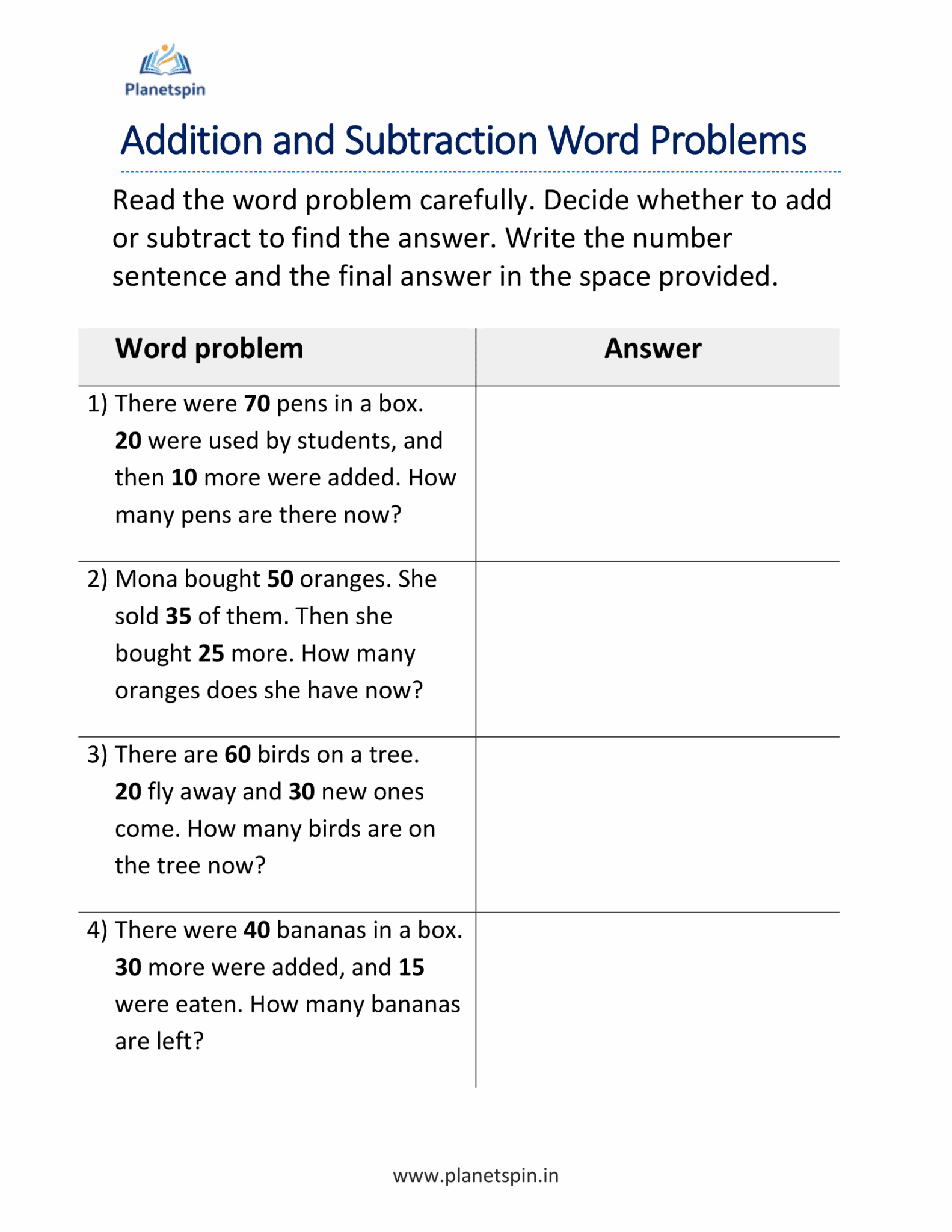 Subtraction word problems for grade 2 worksheets | Planetspin.in