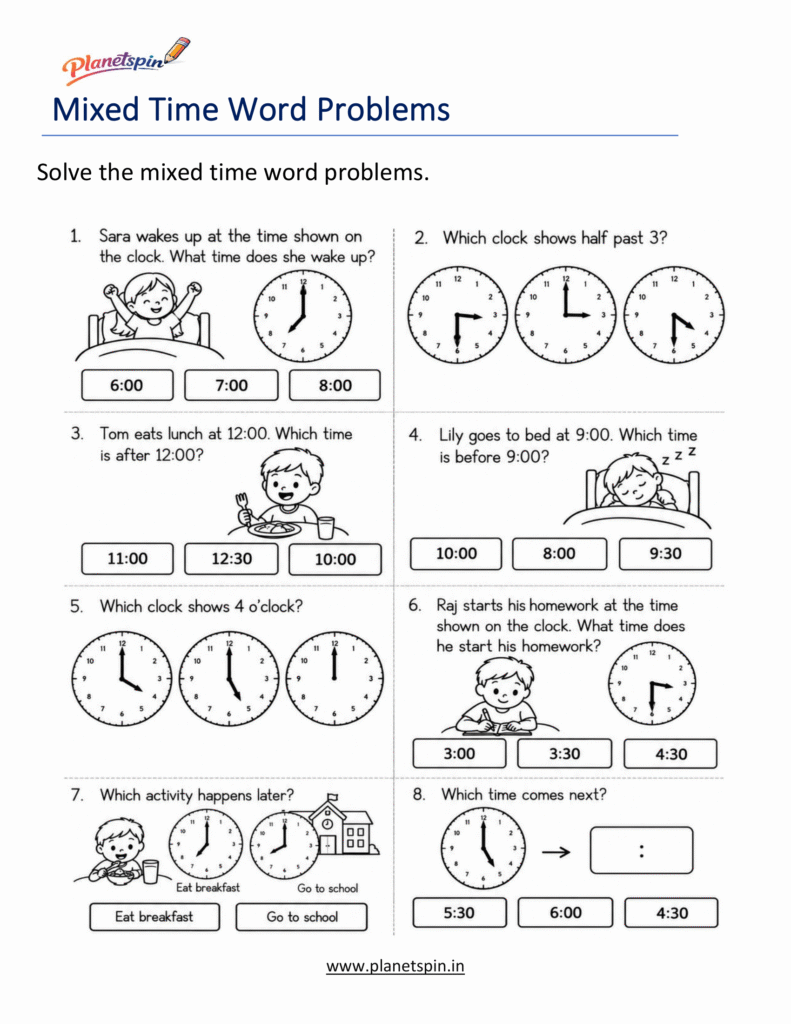 Grade 1 Mixed Time Word Problems Review Worksheet