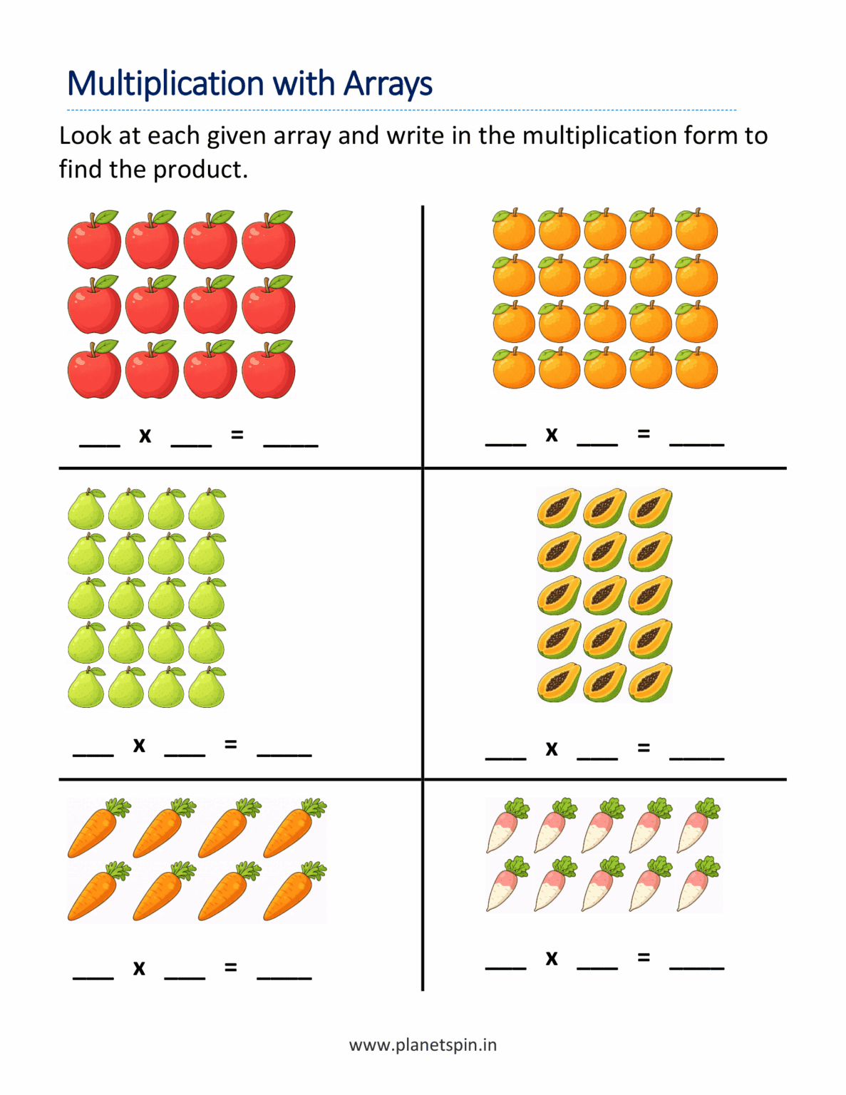 Multiplication with arrays worksheets for grade 2 | Planetspin.in