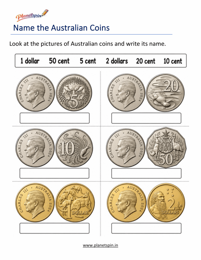 Identify Australian Coins Worksheets for Grade 1