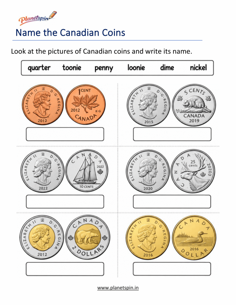Write Canadian coin name worksheet for grade 1