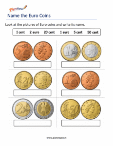 Write Euro coin value worksheet for grade 1
