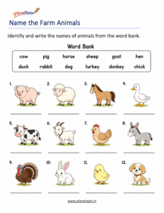 Farm animal names worksheet for Grade 1