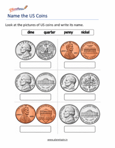 Write US coin name worksheet for grade 1