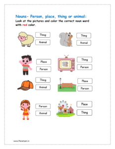 Look at the pictures and color the correct noun word with red color.