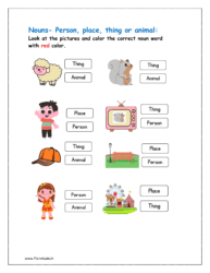 Look at the pictures and color the correct noun word with red color.