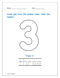 3: Count and trace the spelling for three  in the worksheet for kg