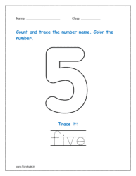 5: Count and trace the spelling for five  in the worksheet for kg