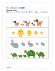Big and small: Circle the bigger animal in the set of animals (Worksheet on pre number concept)