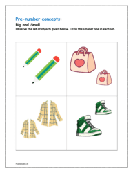 Big and small: Circle the smaller one in each set of objects (Worksheet on pre number concept)