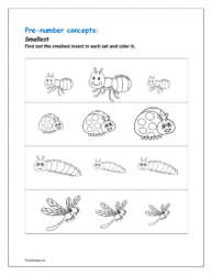 Smallest: Find out the smallest insect in each set and color it (pre number concepts for class 1)