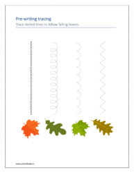 Trace dotted lines to follow falling leaves (Pre writing practice sheets)