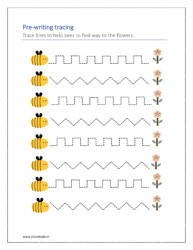 Trace lines to help bees to find way to the flowers (Pre writing practice sheets)