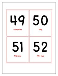 Flash cards of numbers 49 to 52