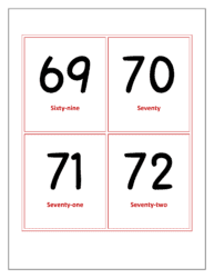 Flash cards of numbers 69 to 72