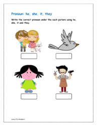 Write the correct pronoun under the each picture using he, she, it and they.