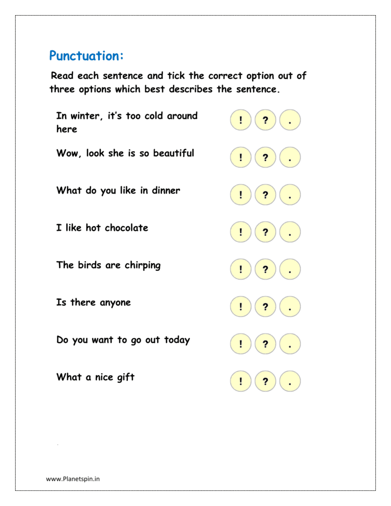 Punctuation worksheet for grade 1 | Planetspin.in