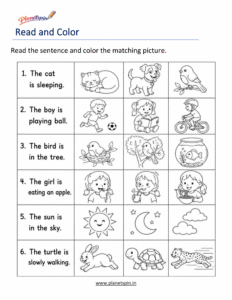 Read and color kindergarten sentence worksheet