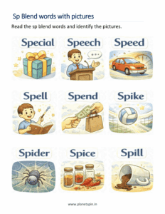 identify pictures and read sp blend words worksheet
