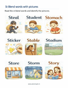 st blend words practice worksheet printable pdf for kids