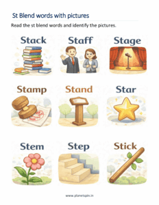 Identify the pictures and read the St words
