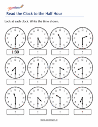 Telling Time to the Half Hour Worksheets for Grade 1