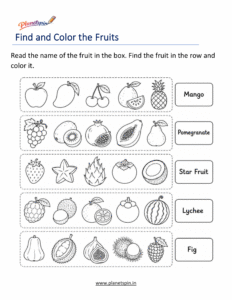 Fruit names and coloring worksheet for kindergarten children