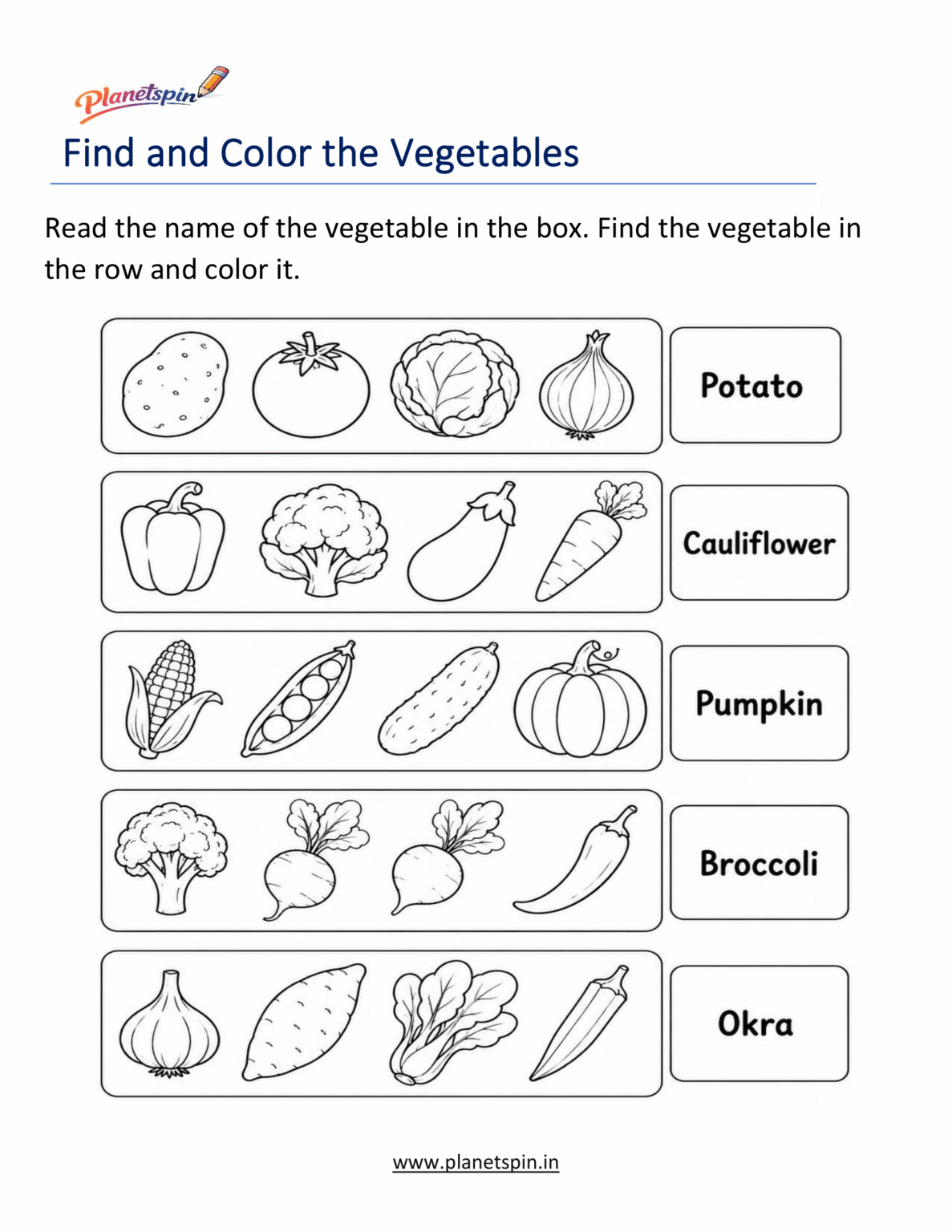 Find and color the vegetables worksheets | Planetspin.in