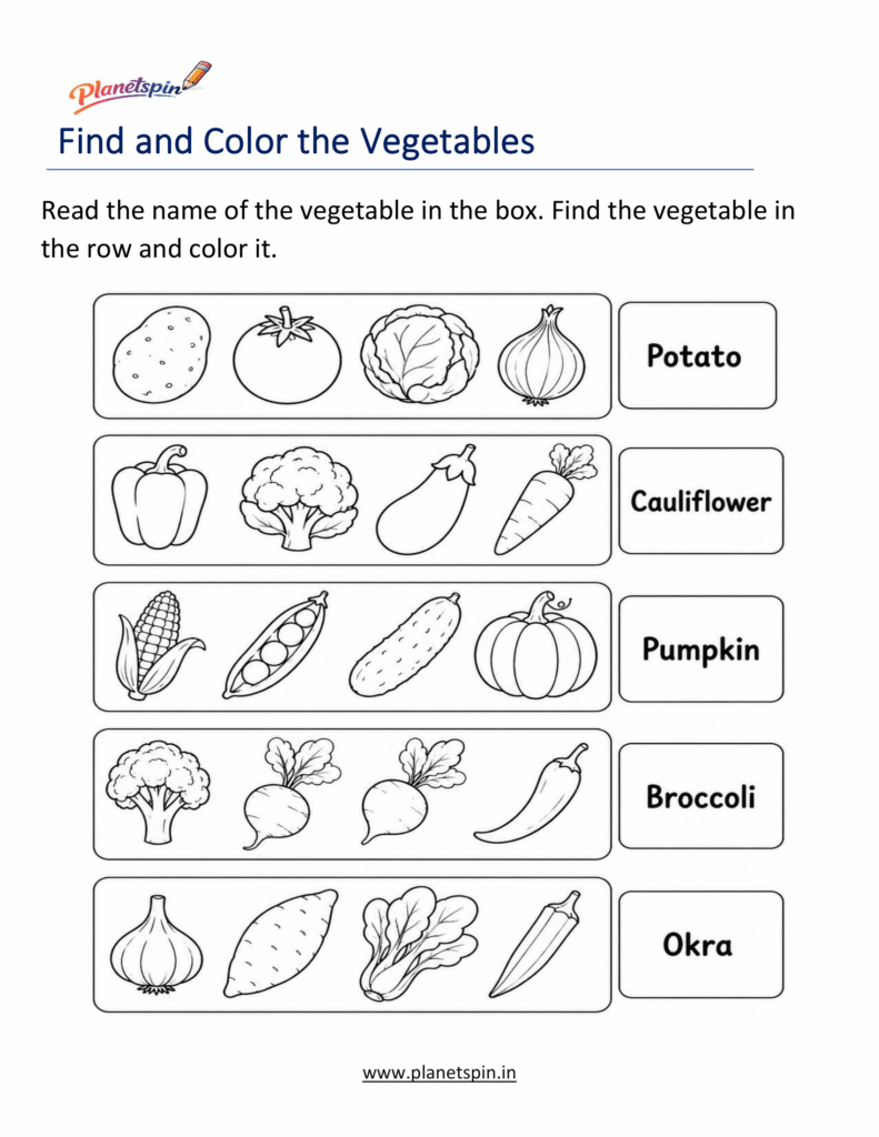 Find and color the vegetables worksheets | Planetspin.in